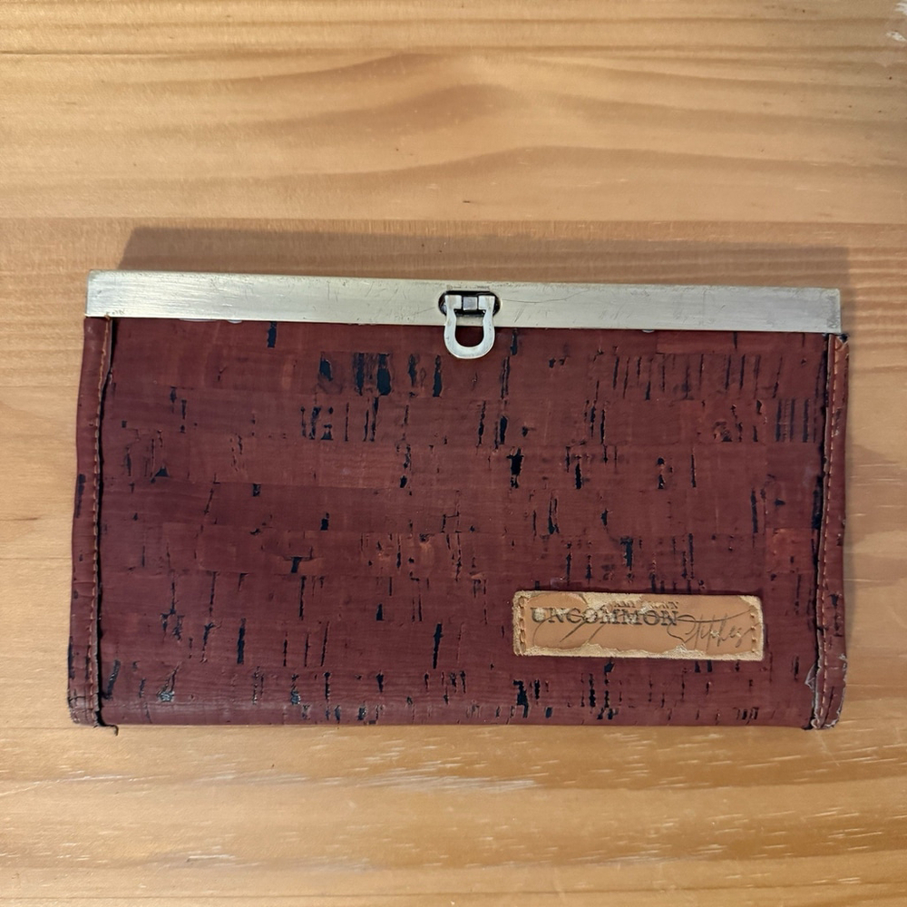 Handmade Uncommon Stitches Brown Cork Clutch Wallet With Clasp & Fabric Interior